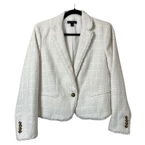 Ann Taylor Tweed Fringe Blazer Womens Size Large 12 Petite White One-Button